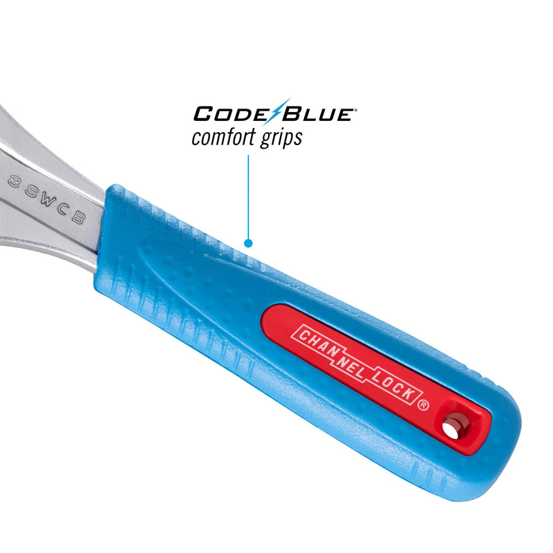 Channellock Adjustable Wrench 8SWCB Code Blue WideAzz Slim Jaw - Precise Grip, Wide Mouth - 8 In 8-Inch WideAzz Slim Jaw