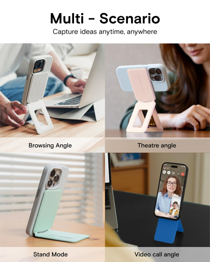 MOFT Phone Stand, Magnetic Phone Tripod Stand Stain-Resistant MOVAS Leather & Angle Adjustment & Strong Magnets Tripod for iPhone 17/16/15/14/13/12 (Included Metal Ring)-Blush Blush without Card Slot