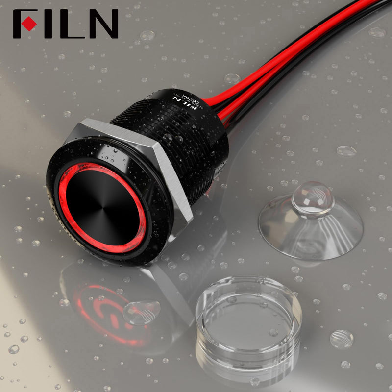 1NO1NC Waterproof 19 mm Switch Push Button 12V-24V Red LED Pack of 2 | Metal pre-wired with cable IP67 pressure switch with 185 interchangeable symbols for car, boat, industry Sperrtaster 19mm