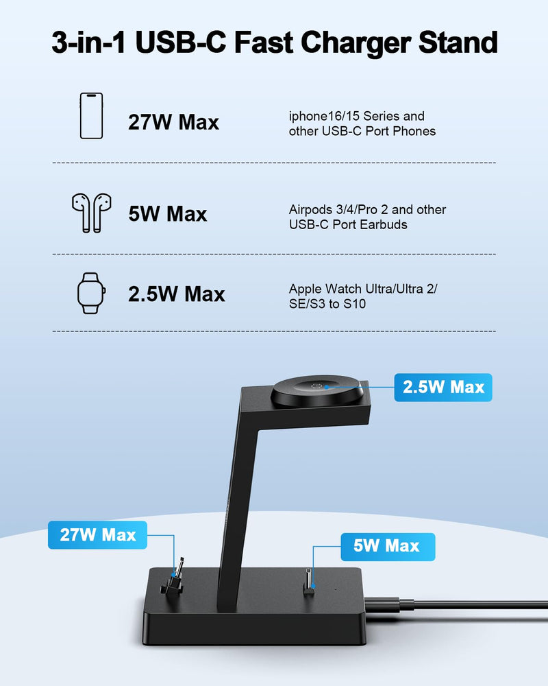 30W Fast 3 in 1 Charging Station for Apple Devices - ADADPU USB C Charger Stand for iPhone 17 16 15 Pro Max Plus & AirPods 4,Wireless Charger Dock Compatible with Apple Watch Ultra/10/9/8/7/6/5/4/3/SE