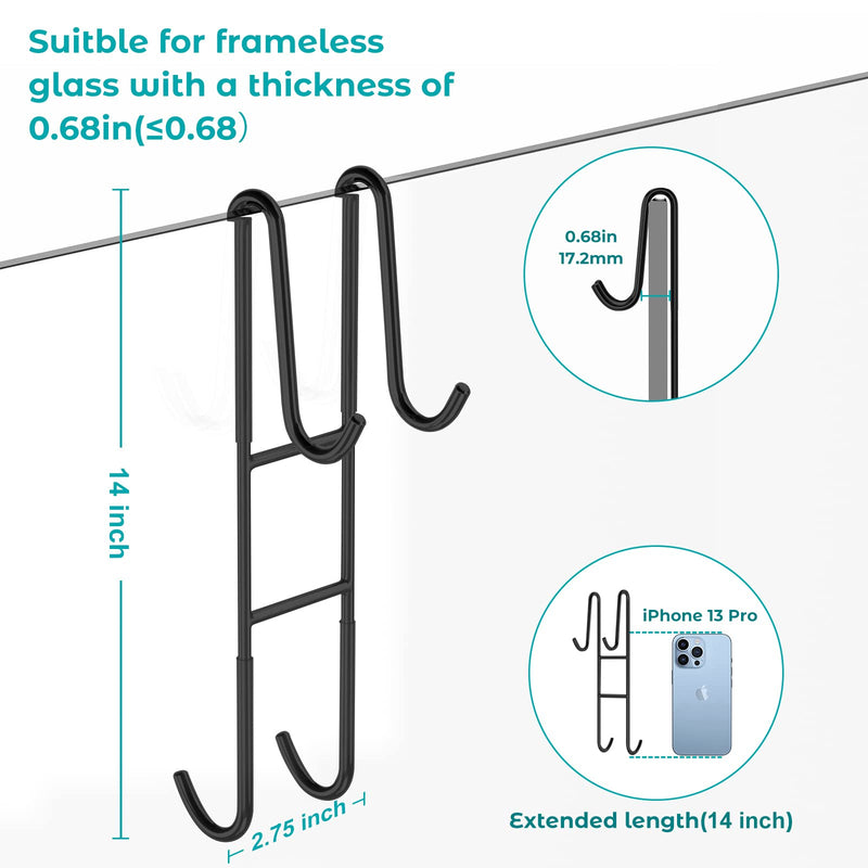 Cerbonny Shower Door Hooks (14 Inch), 2 Pack Super Extended Towel Hooks for Bathroom, Over Door Hooks, Shower Hooks for Frameless Glass Door, Black 14 in