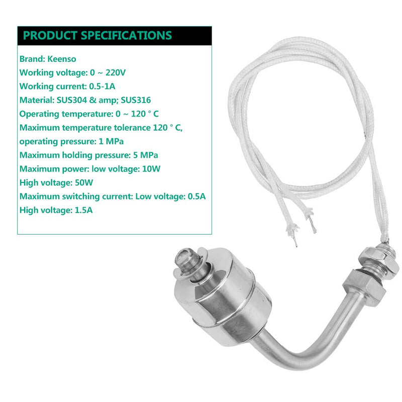 Keenso Float Switch Liquid Level Sensor, 0~220V 75mm/100mm Stainless Steel Heat Resistant Steel Liquid Level Sensor Level Switch Float Switch for Pool Can (75mm)