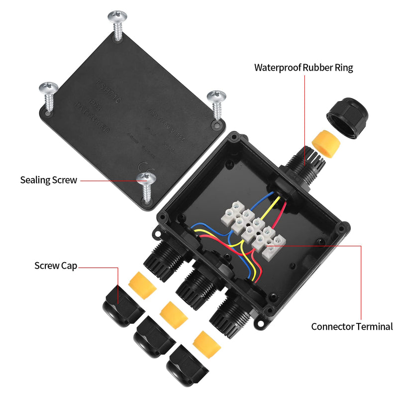 IP68 waterproof junction box, 4-way outdoor cable connector junction box, black extension cable junction box cable connector for cables 4-12 mm outdoor waterproof