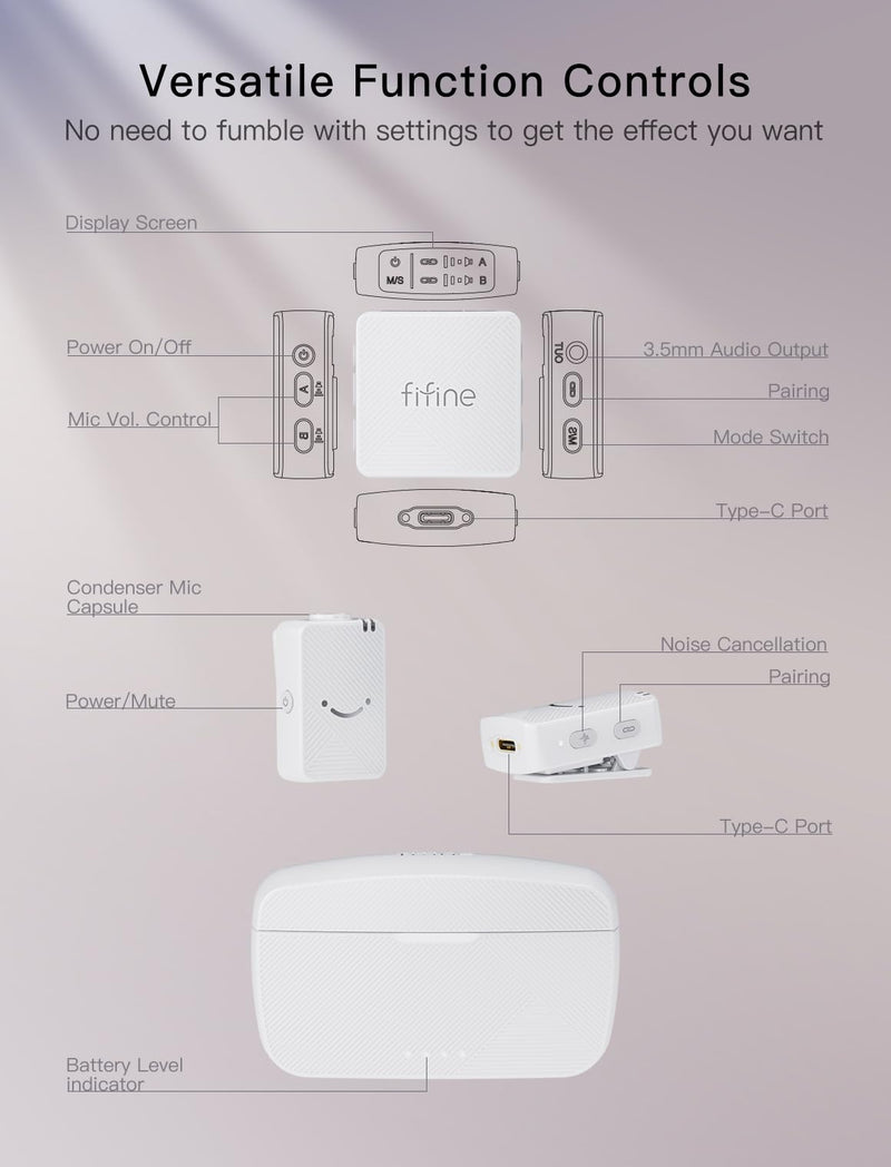 FIFINE Wireless Lavalier Microphone System, Lapel Dual Microphones Clip-on for Video Recording, Vlog, Interview, Podcast Mic Kit Compatible for iPhone, Camera, Smartphone, 30H Battery Life-M9 White
