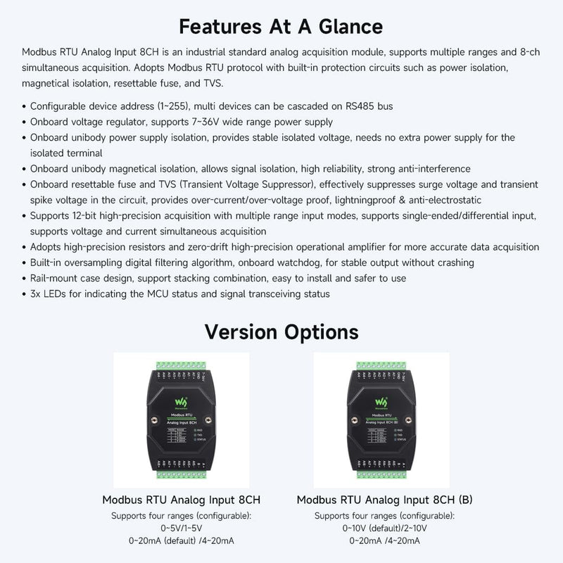 Waveshare Industrial 8-Ch Analog Acquisition Module, 12-Bit High-Precision, Supports Voltage and Current Acquisition, DC 7~36V Wide Voltage Power Supply, 8-ch Voltage Mode, 0~10V