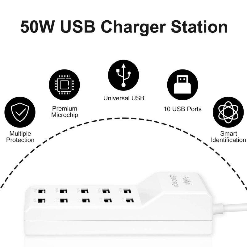 10-Port USB Charger [UL Certified] Family-Sized Desktop USB Rapid Charger，Smart USB Charger for Multiple Devices Smart Phone Tablet Laptop Computer white