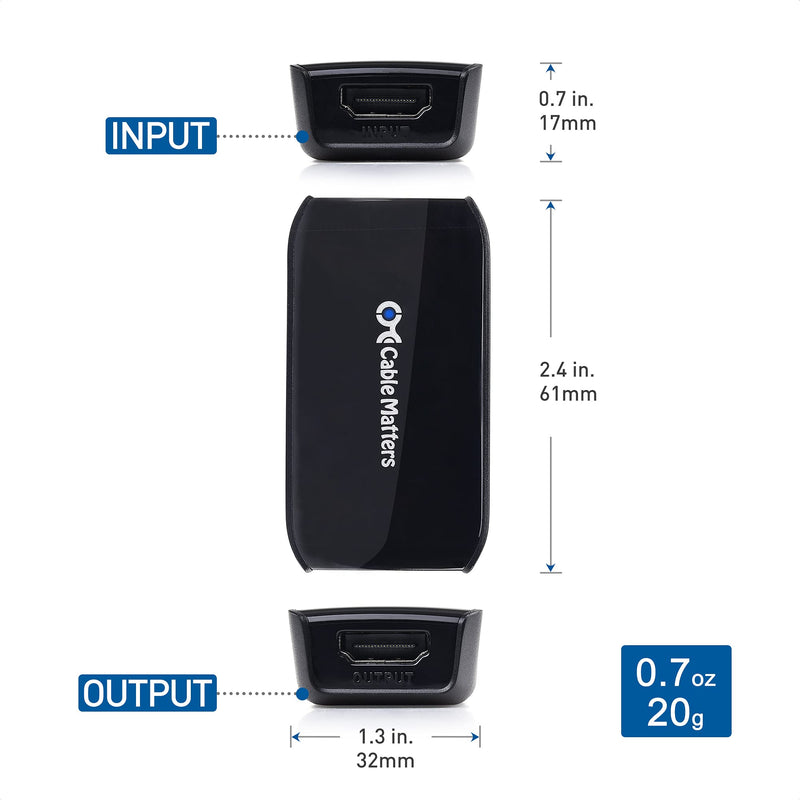 Cable Matters Active HDMI Repeater (Female to Female HDMI 2.0 Signal Booster) with 4K 60Hz Resolution and HDR for Blu-ray Player, HDTV, HTC Vive, Oculus Rift VR Headset and More