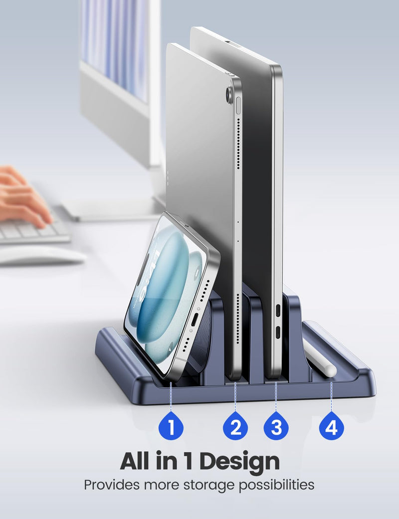 4 in 1 Vertical Laptop Stand Holder,Adjustable ABS Plastic Desktop Management Notebook Dock,Vertical Laptop Stand Space-Saving for All MacBook/Surface/Samsung/HP/Dell/Chrome Book(Drak Blue) Drak Blue