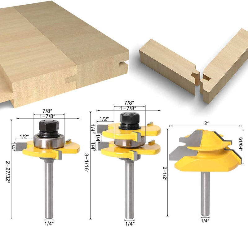 Lock Miter 45 Degree Joint Router Bits + 2Pcs Tongue and Groove Set [1/4-Inch Shank], APLUS 45° Lock Mitre Glue Joint Router Bit + Router Bit Set 3 Teeth T Shape, Wood Milling Cutter Woodworking Tool 1/4-Inch Shank