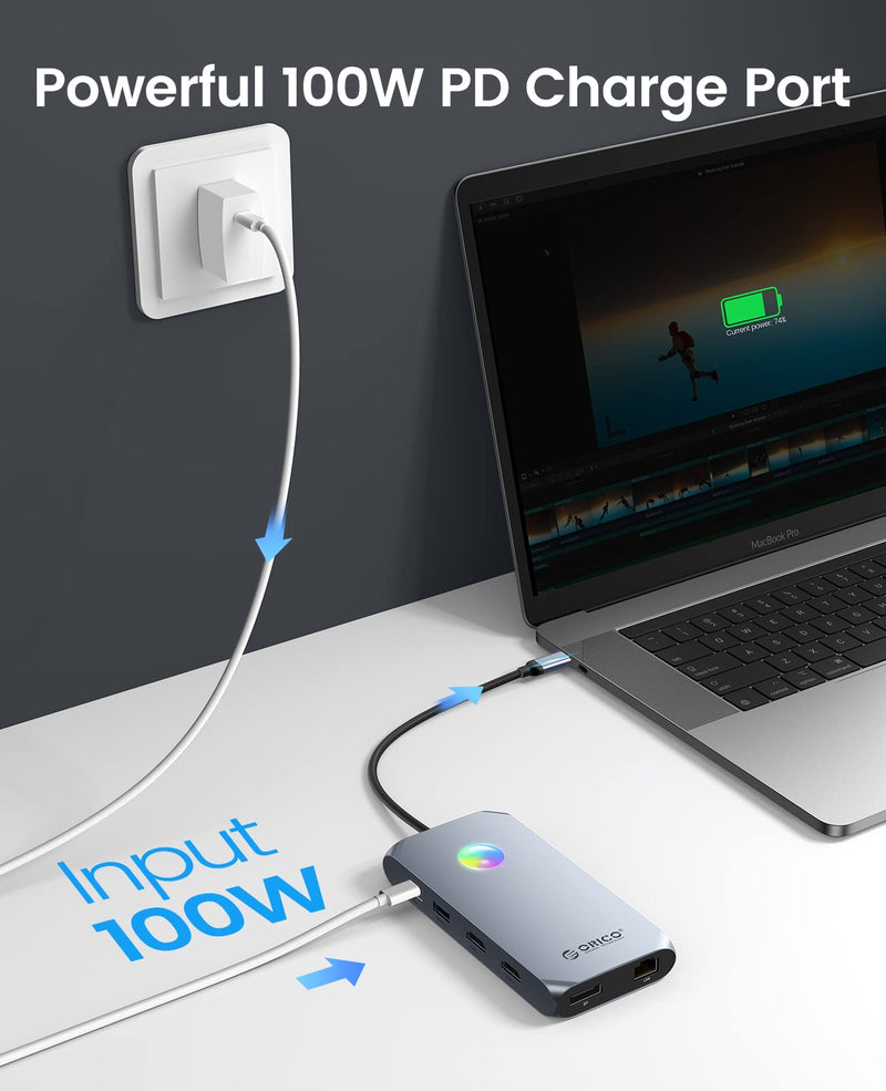 Docking Station USB C to Dual HDMI Adapter, ORICO 12 in 1 RGB USB C Hub with Dual HDMI, DP 1.4, 100W PD, Ethernet, 4 USB Ports, SD/TF, Audio, 14 RGB Lighting Modes, Compatible for Windows/Mac OS（Grey） X3 Grey