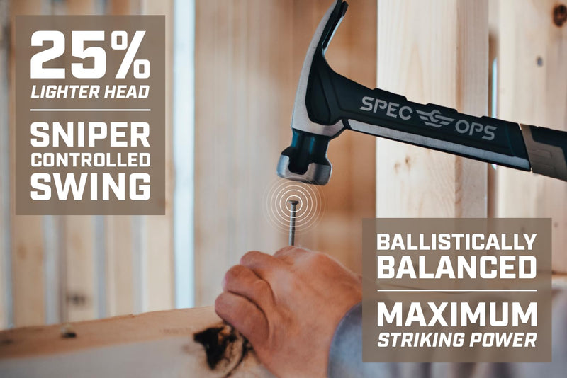 Spec Ops Tools Nailing Hammer, 16 Oz, Rip Claw, Smooth Face, Shock-Absorbing Grip, 3% Donated to Veterans 16 Oz Nailing Hammer with Mallet Cap