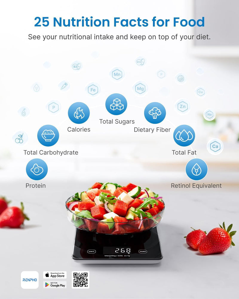 RENPHO Digital Kitchen Scale, Smart Food Weight Scale with Nutritional Calculator, Gram Scale for Weight Loss Cooking Baking Keto Macro Diet, Black Glass, 22lb/10kg