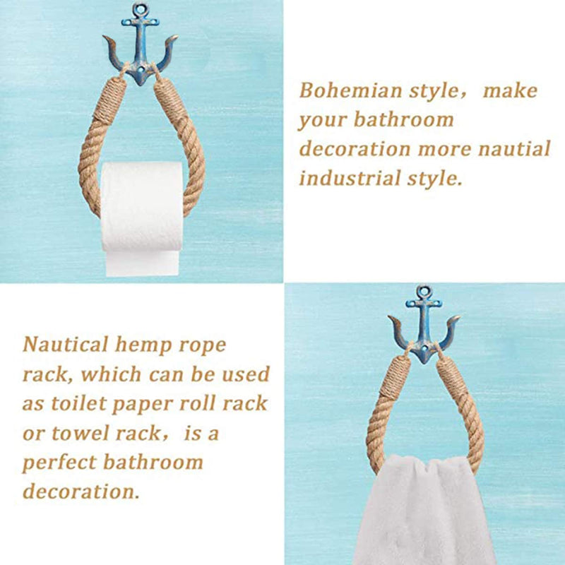 2 Pcs Nautical Rope Toilet Paper Holder Wall-Mounted Towel Ring Nautical Toilet Paper Holder with Metal Hooks Coastal Towel Rack Natural Antique Rope （Blue+Blue） Blue+blue