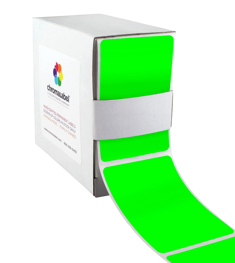 ChromaLabel 2 x 3 inch Permanent Color Code Rectangle Labels, 100 Stickers per Dispenser Box, Fluorescent Green