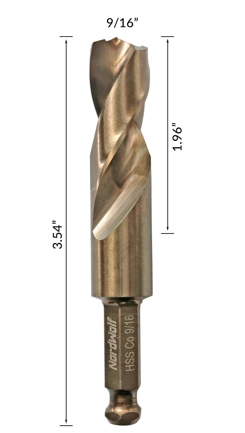 NordWolf 9/16" M35 Cobalt Stubby Drill Bit for Stainless Steel & Hard Metals, with 5/16" Hex Shank for Quick Chucks & Impact Drivers 9/16 in