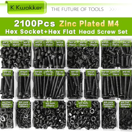 2100Pcs M4 Screw Kit 4MM to 40MM, Socket Head Screws & Flat Head Screws Assorted Nuts and Bolts Assortment Kit with Washer and Lock Washers, M4 Metric Screws Assortment