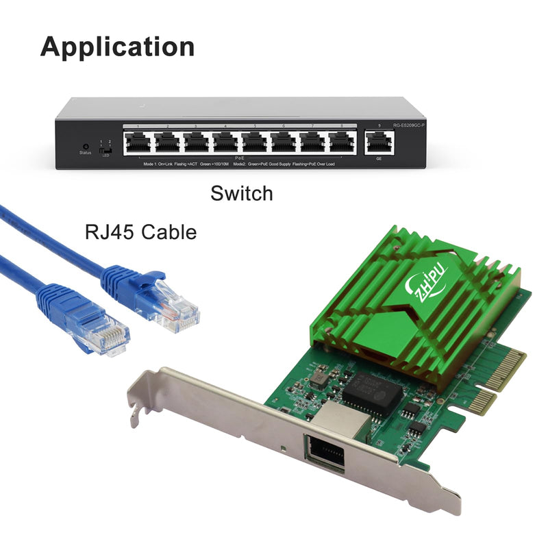 PCIex4 10G RJ45 Ethernet Network Adapter, Single-Port RJ45 NIC Network Card, 10/100/1000M/2.5G/5G/10Gbps Data Rate, Support Windows Server/Windows/Linux/Ubuntu, Green