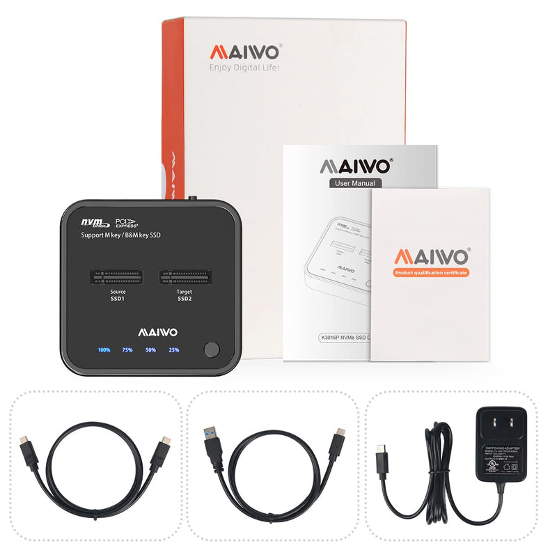 MAIWO M.2 NVMe SSD Cloner Duplicator, 10Gbps USB C 3.1 GEN2 to M Key M.2 PCIE NVMe SSD Adapter Dual Bay Enclosure Docking Station Reader, 16TB Capacity M.2 NVMe 2 Bay (Clone)