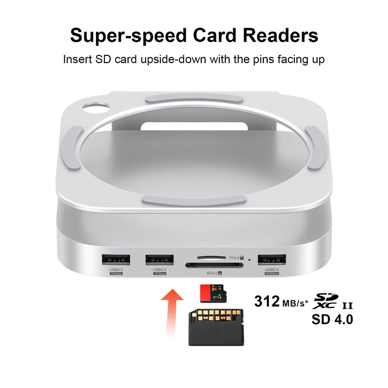 Qwiizlab Aluminum Stand Hub for Mac mini M4/M4 Pro, Docking Station with with NVMe SSD Enclosure, 2 USB-A 10Gbps, TF/SD 4.0 Card Readers 312MB/s, USB-A 2.0, Fits M.2 NVMe SSD up to 8TB