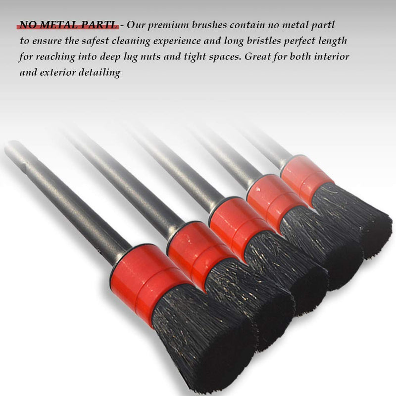 Detailing Brush Set -5 Different Sizes Premium Natural Boar Hair Mixed Fiber Plastic Handle Automotive Detail Brushes for Cleaning Wheels, Engine, Interior, Air Vents, Car, Motorcy Red