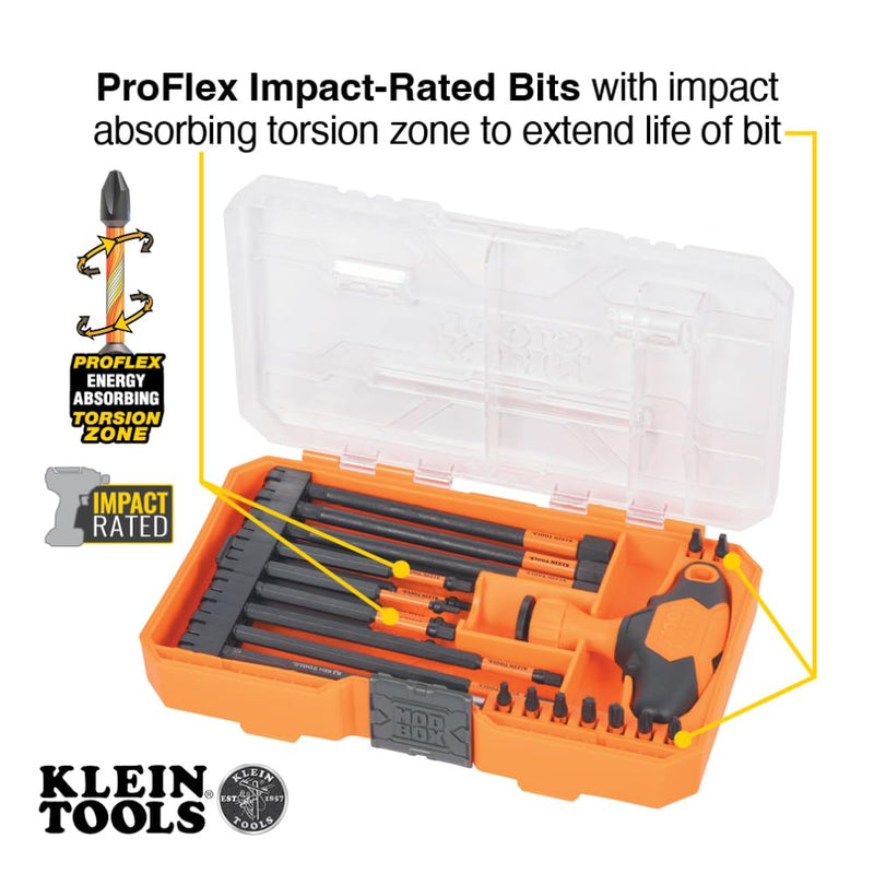 Klein Tools 33804 ProFlex Impact-Rated Interchangeable Ratcheting T-Handle Set, Torsion Zone, Magnetic Bit Holder, SAE, Metric, TORX (Pack of 1)