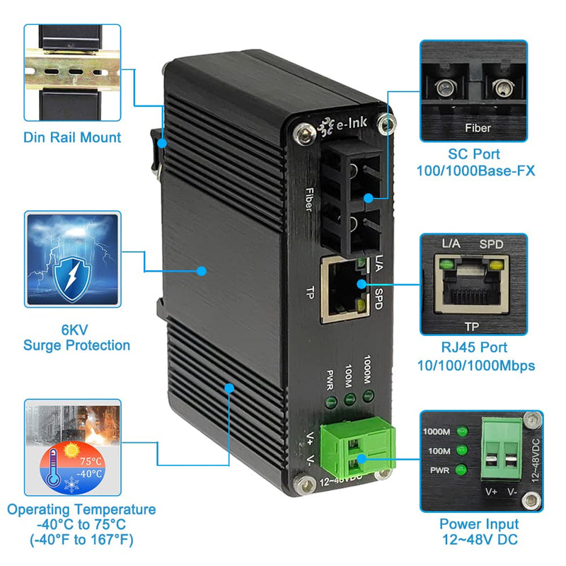 Mini Industrial Gigabit Media Converter Hardened 10/100/1000Mbps RJ45 Ethernet Optical Transceiver with 100/1000Base-FX SC Port Auto Detection Up to 20km Over Single Mode Fiber 12~48V DC SC Media Converter Single Mode 20Km