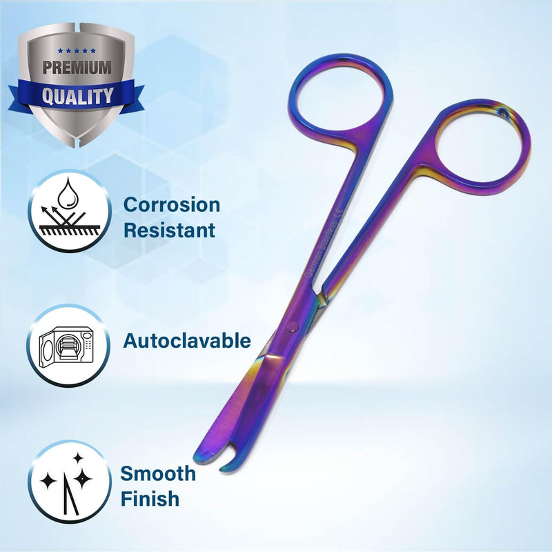 Suture Stitch Scissors with Multi Rainbow Color Titanium Coating- Premium Quality Instrument- Delicate Hook - Stainless Steel - Perfect for Suture Removal, First Aid, EMS Training 4.5"