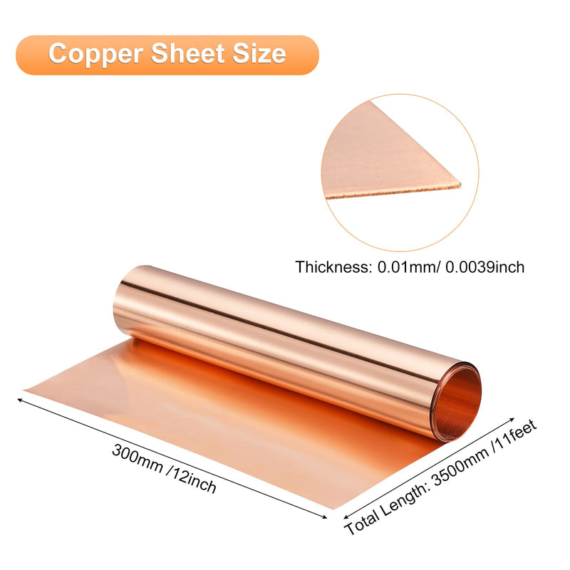 uxcell Copper Sheet Roll 3500mm x 300mm x 0.1mm, 99.9% Pure Copper Strip Copper Flashing Metal Foil Plate for Electricity DIY Projects (Multiple Sizes)