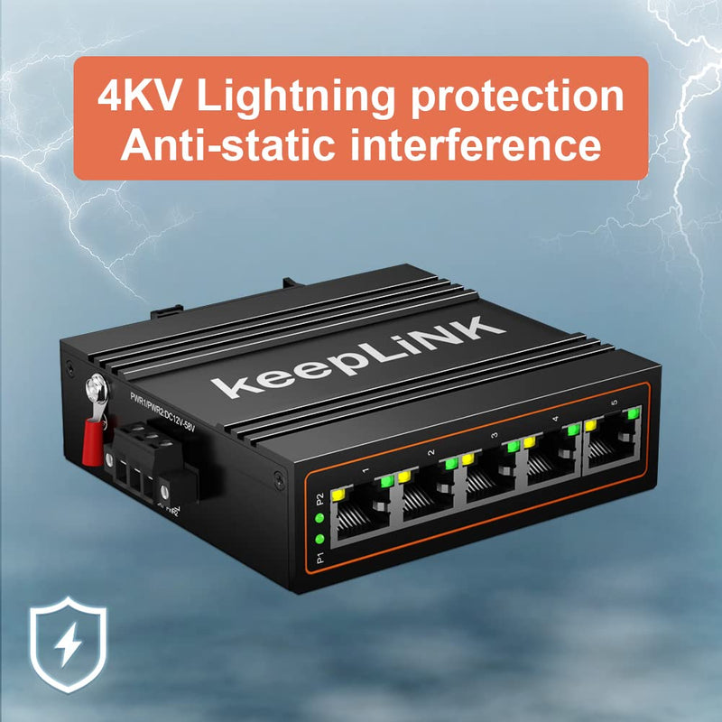 5-Port Industrial Ethernet Switch, Unmanaged 10/100Mbps DIN-Rail Network Switch, IP40, Operating Temperature Range of -30°C– 75°C (-22°F – 167°F) 5 port switch