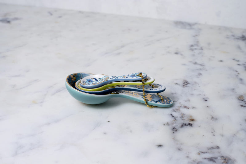 Mary DiSomma’s Ceramic Measuring Spoons (Set of 4) | Unique Signature Floral Print Design for each, Gold Overlay, Teal, Blue, Robin’s Egg Blue, Lime Green, Metallic Gold Chain, Boxed gift set