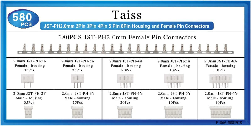 Taiss 580PCS JST PH Connector kit 2.0mm 2/3/4/5/6Pin Housing,Female and Male Adapter Cable Connector Plug,PH2.0mm Female Pin Connectors,JST Connector F-066-580PCS