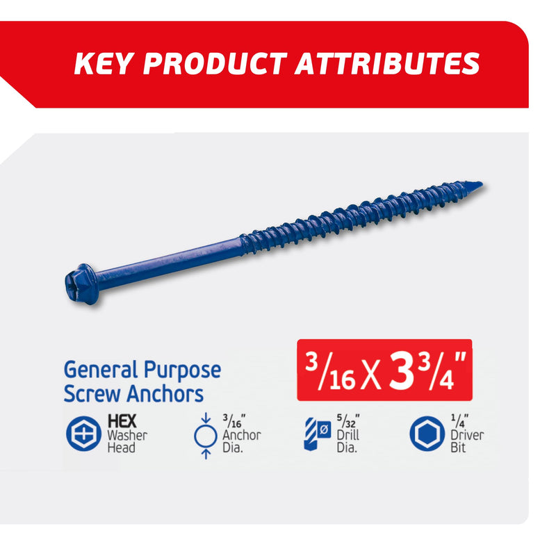 3/16 x 3-3/4" Hex Head Blue Concrete Screw Anchors (100 pcs Screw Kit) with one Screwdriver and Drill Bit for Concrete, Masonry, Block, Brick and Wood Fastening 3/16 x 3-3/4"