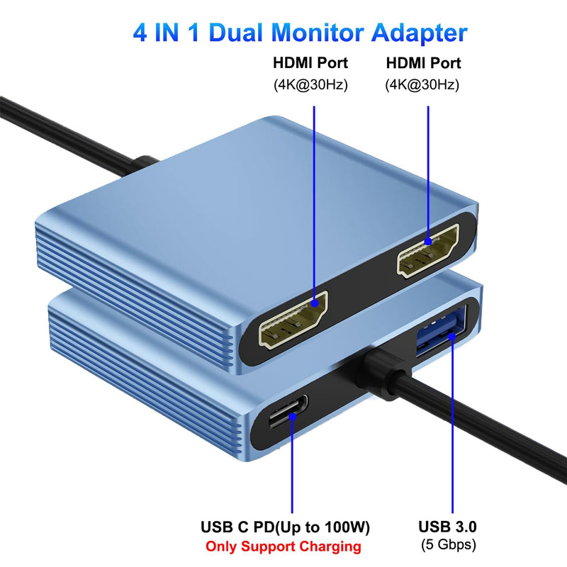 HDMI Splitter Extended Display, USB C to Dual HDMI Adapter 4K@30Hz, Dual Monitor Adapter for Extended Display with 2 HD MI/USB3.0/100W PD Fast Charging, Compatible with HP/Dell/MacBook/Lenovo
