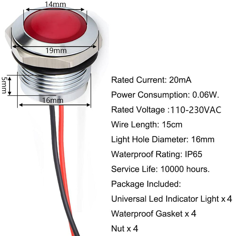Formed 4pcs 110V-230V 20mA Energy Saving Indicator, Metal Indicator Lamp, Waterproof Signal Lamp, Hole Size 16mm, Red LED (Spherical Surface Head) Red 110-230V