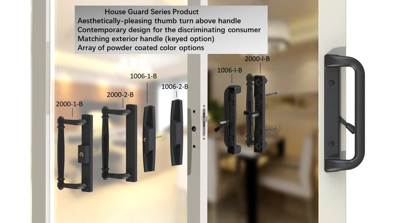 House Guard Black Sliding Glass Door Handle Set with Lock and Key | Fits 3-15/16 in screw holes; keyed mortise lock, reversible, for 1-3/16 to 2 in doors
