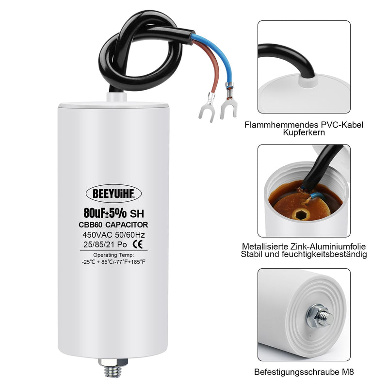 BEEYUIHF CBB60 motor capacitor 80µF 450V capacitor 50/60Hz starting capacitor 80uF motor running capacitor with connection cable for electric motor 50 x 110 mm 80µF / 80uF