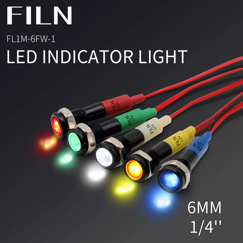 FILN Pack of 10 12V LED indicator light pilot signal lamp 6mm (1/4") 24V red green blue yellow white metal surface lights (black anodized-red2pcs+green2pcs+yellow2pcs+blue2pcs+white2pcs) (red+green+yellow+blue+white) 2 pieces black anodized