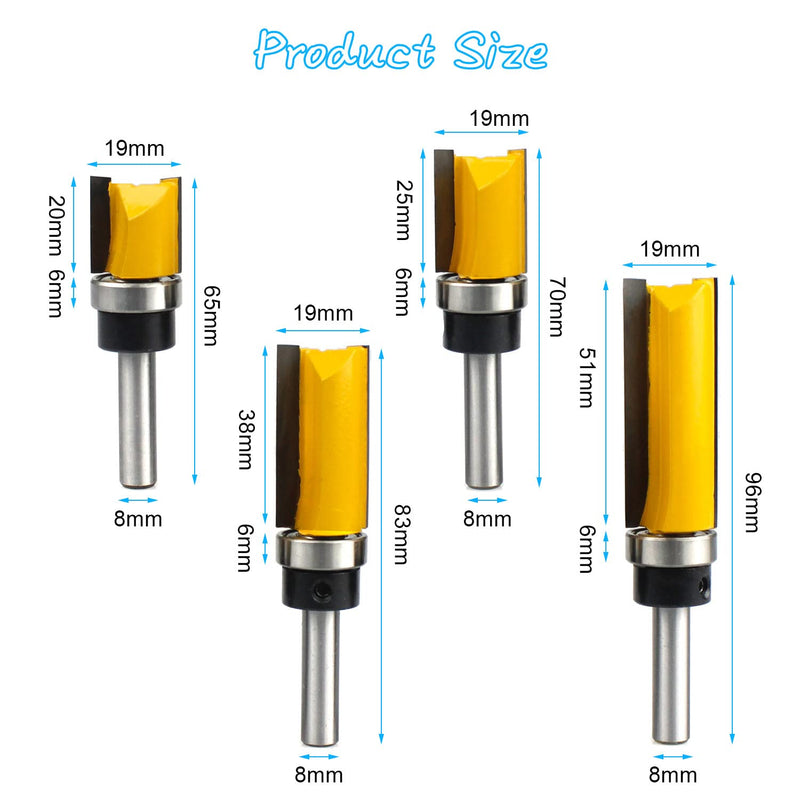 Pack of 4 flush cutter ball bearings, flush cutter 8 mm shaft, flush cutter, edge copy cutter with ball bearing, router, groove cutter flush cutter set woodworking cutting tool for wood shaft 8 mm