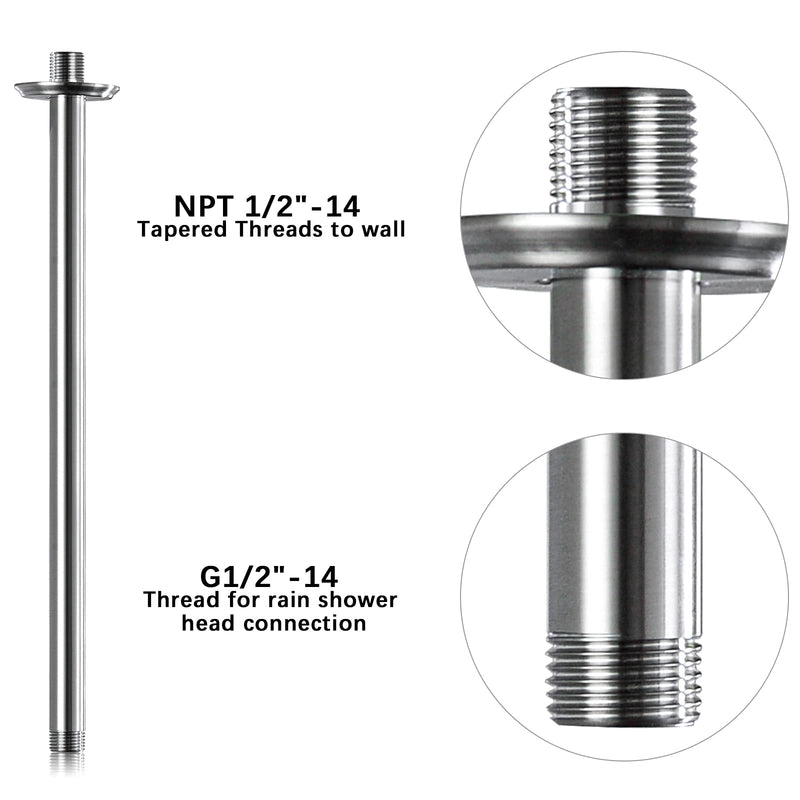 16 Inch Shower Arm and Flange Brushed Nickel, Ceiling Mounted Shower Arm for Rain Shower Head 16 Inches