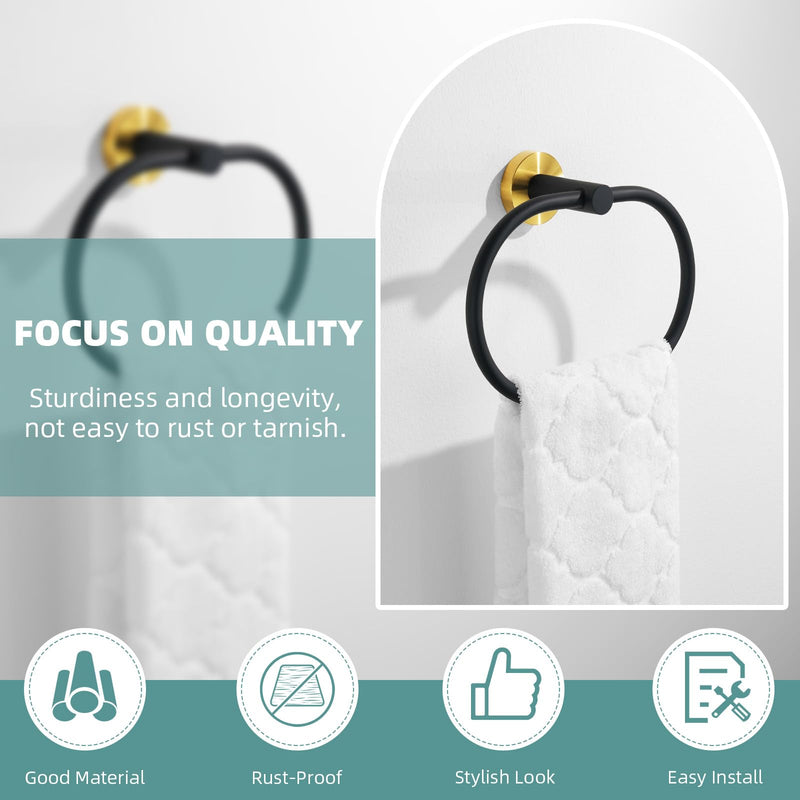 Suyar Towel Ring Gold and Black, Hand Towel Holder for Bathroom, Oval Shape | Stainless Steel, Wall Mounted Oval - Black & Gold