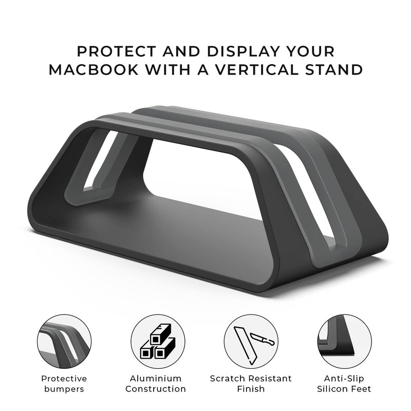 HumanCentric Vertical Laptop Stand Compatible with MacBook Pro and MacBook Air, Holder for Personal Computer Desk Stand, Aluminium, Exchangeable Inserts to Fit Different Device Models, Black