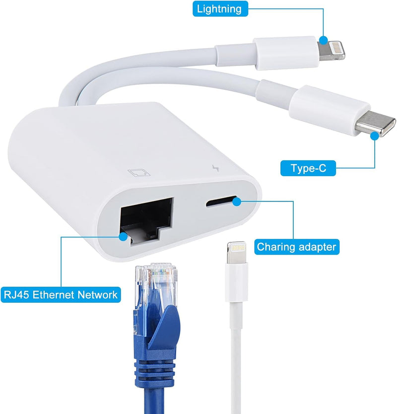 Lightning and USB C to Ethernet Adapter,2 in 1 RJ45 Ethernet LAN Network Adapter with Charge Port Compatible with iPhone/iPad/iPod/Samsung and More,Supports 100Mbps Plug and Play USB-C + Lightning