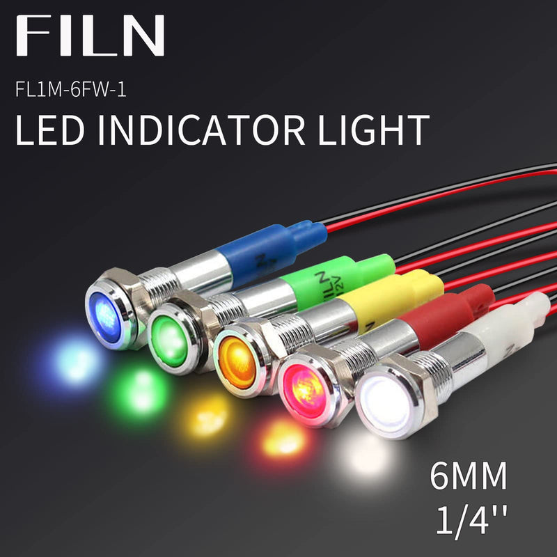 FILN Pack of 10 12V LED indicator light pilot signal lamp 6mm (1/4") 24V red green blue yellow white metal surface lights (black anodized-red2pcs+green2pcs+yellow2pcs+blue2pcs+white2pcs) (red+green+yellow+blue+white) 2 pieces black anodized