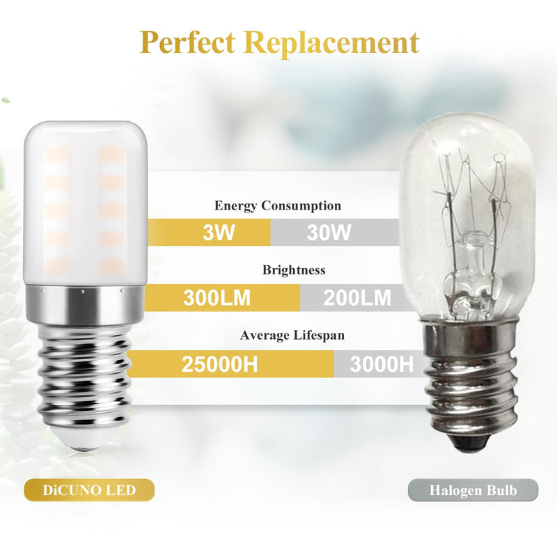 DiCUNO refrigerator lamp E14 LED lamp 3W, warm white 2700K, replaces 30W halogen bulb, 300LM, 85Ra, 360° beam angle, light bulb for refrigerator, sewing machine, 230V AC, set of 2
