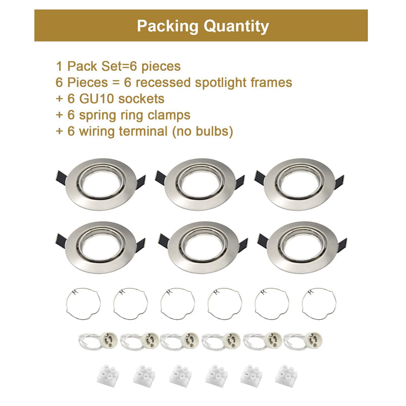 Wondlumi Set of 6 LED recessed spotlight frames GU10 swiveling round 230V brushed stainless steel recessed frame ceiling lamp recessed spots including socket for GU10 LED/halogen 6 pieces round