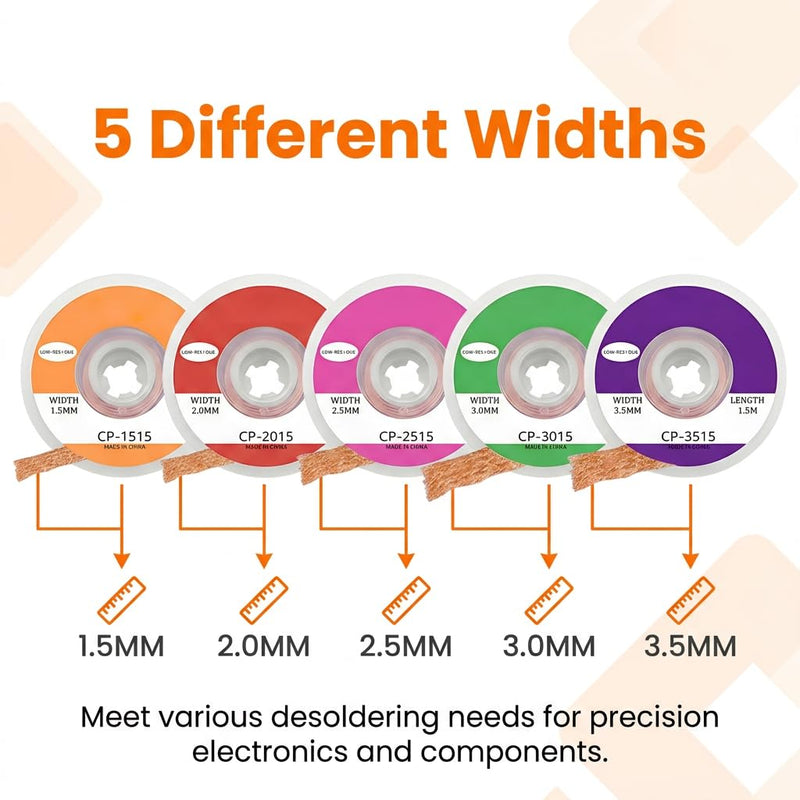 5 Piece Desoldering Braid Set Copper Desoldering Wire (1.5/2.0/2.5/3.0/3.5 mm) 1.5 m Long, No-Clean Solder Braid with Flux, High Thermal Conductivity Solder Wick for Desoldering for Electronics Repair | Hohe Wärmeleitfähigkeit, Lötlitze zum Entlöten, f...