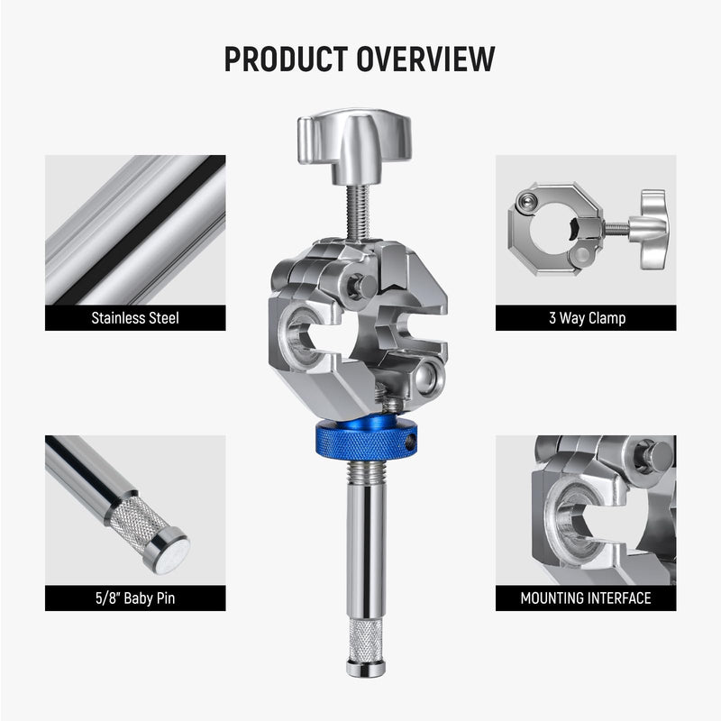 NEEWER 3 Way Clamp with 4.1in/105mm 5/8" Baby Pin Stud for 1"-1.4"/25-35mm Tube C Stand Boom Arm Grip Arm Photography Light Stand, Stainless Steel for LED Video Light Flash, Max Load 22lb/10kg, UA045