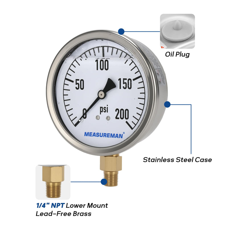 MEASUREMAN Glycerin Filled Plumbing Pressure Gauge 0-200psi Stainless Steel Case, 4" Dial 1/4" NPT Brass Lower Mount, Suitable for Pneumatic Tools, Water Filtration & Industrial Hydraulic Systems