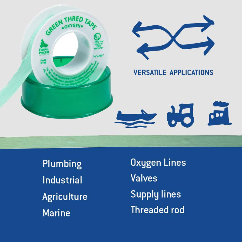 Gasoila Green PTFE Thread Seal Tape – Professional-Grade, 1/2 Inch x 260 Inch, High-Density Thread Tape for Oxygen Lines – Leak-Proof Seal, Non-Toxic, 3 Pack