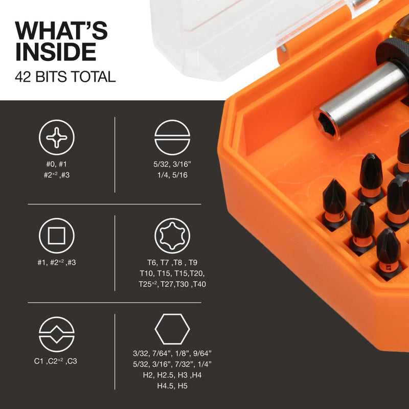 Klein Tools 33803 ProFlex 42-Bit Impact Driver Bit Set with Modular Case, S2 Steel, Magnetic, Adjustable Screwdriver 42 Bit Set